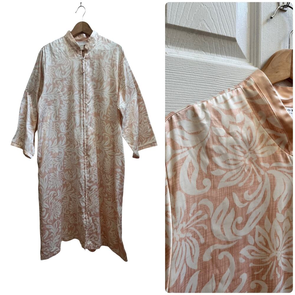 Vintage Natori Polyester Sateen Full Zip Pocket Caftan Large Lounge Duster